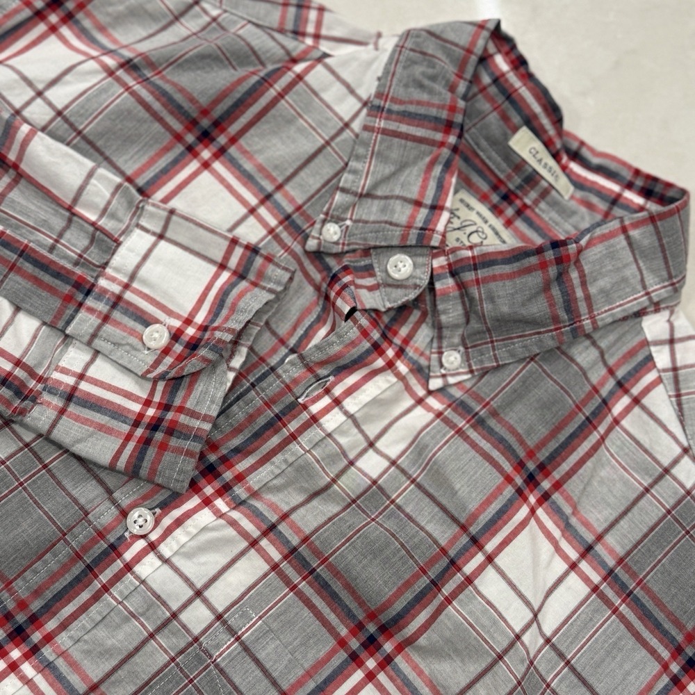 J.CREW Gray &Red Plaid Button Down Shirt Mens Medium Secret Wash Classic Fit EUC